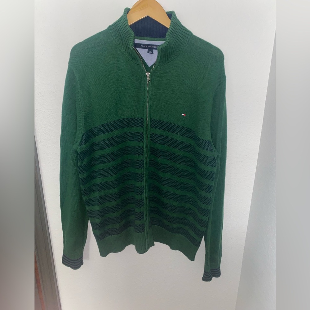 Tommy Hilfiger Men's Green and Blue Zip-Up Sweater